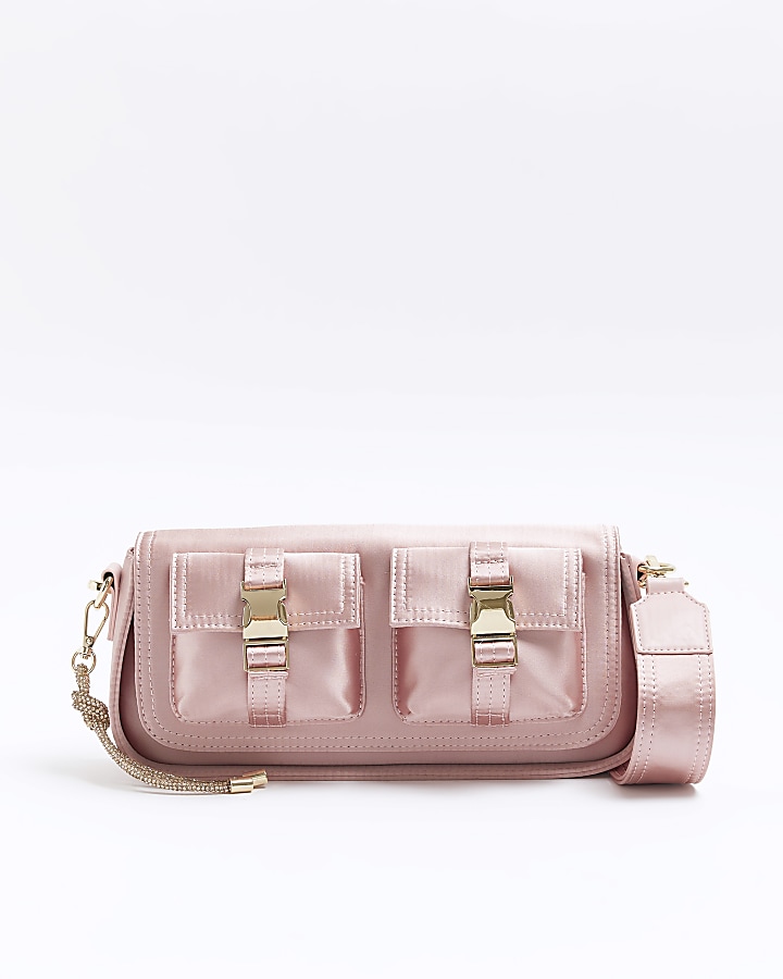 Pink satin utility shoulder bag