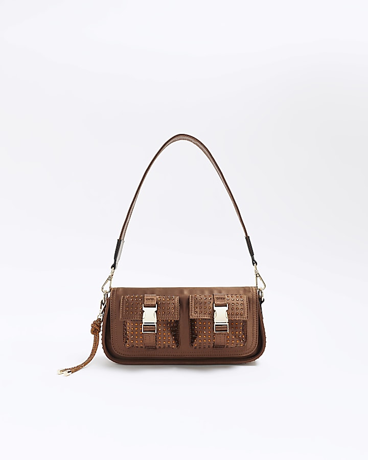 Brown satin diamante utility shoulder bag | River Island