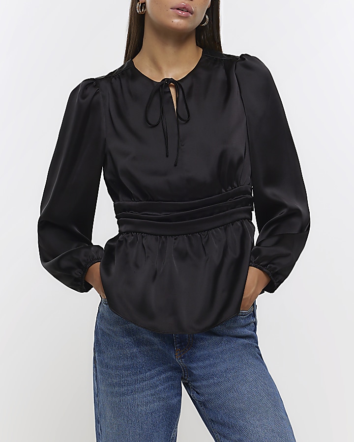 Black satin clearance blouse long sleeve