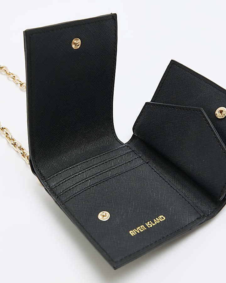 Black patent chain cross body card holder River Island