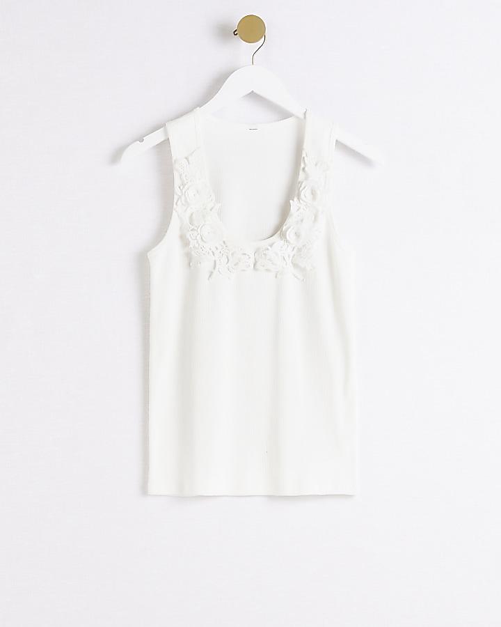 White floral detail ribbed vest top