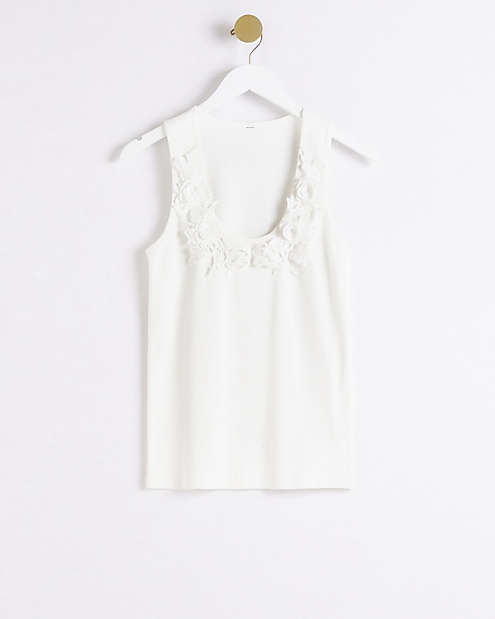 White floral detail ribbed vest top River Island
