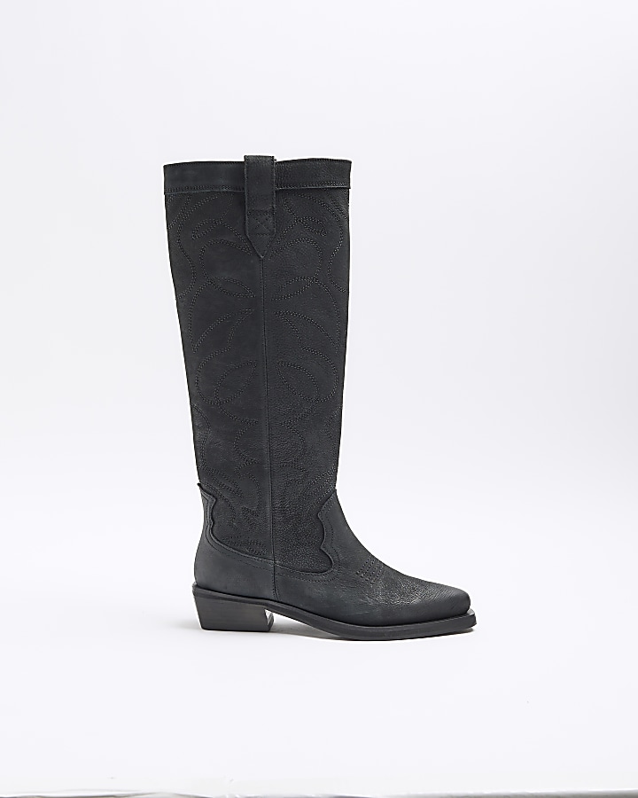 Black leather high leg western boots