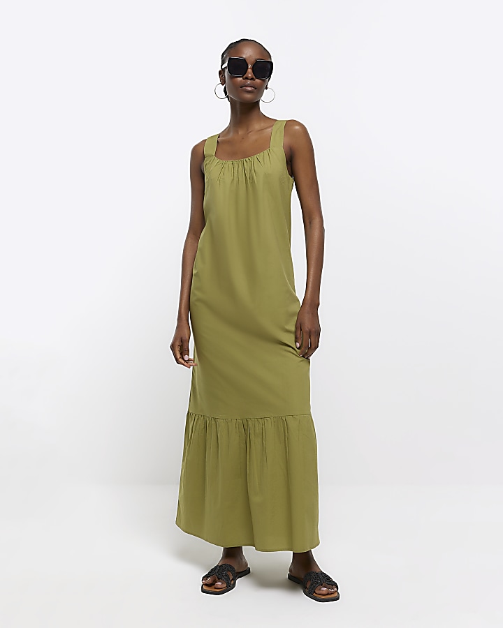 Khaki midi slip dress | River Island