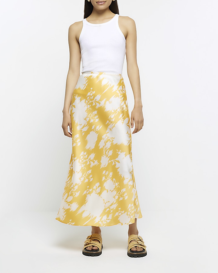 Orange floral satin maxi skirt | River Island