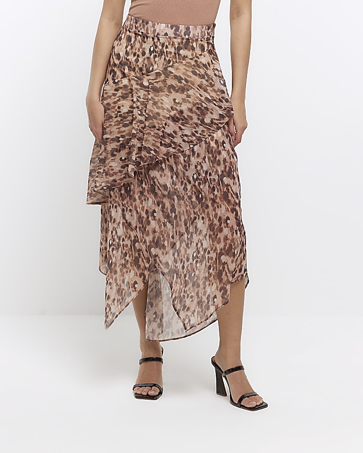 Brown animal print layered midi skirt