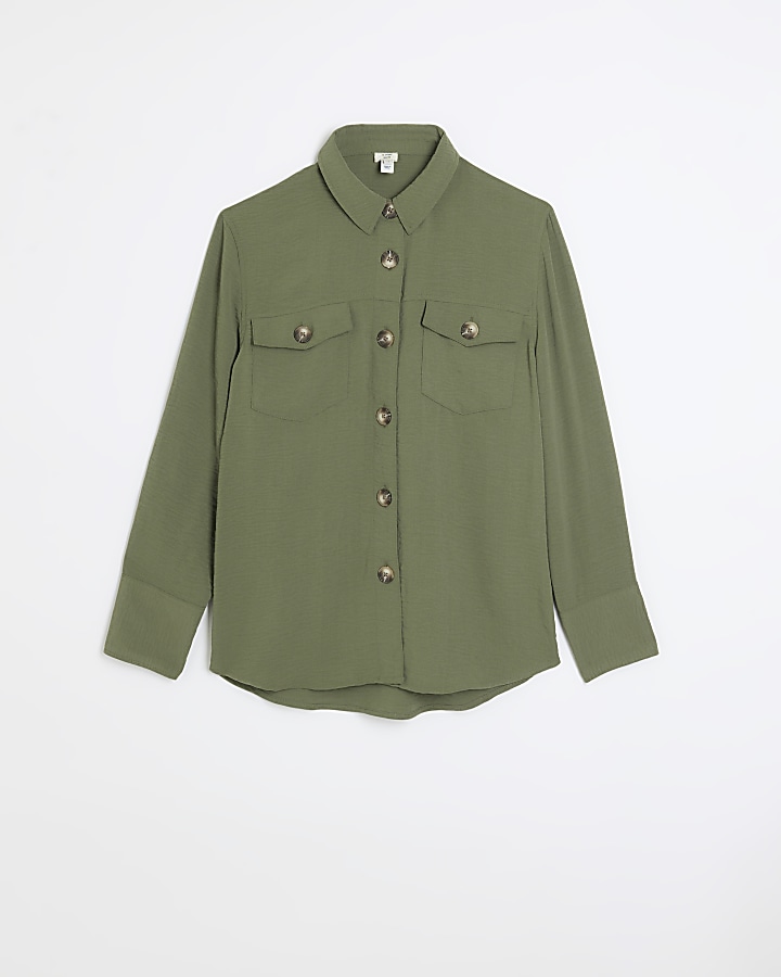 Khaki button long sleeve shirt | River Island