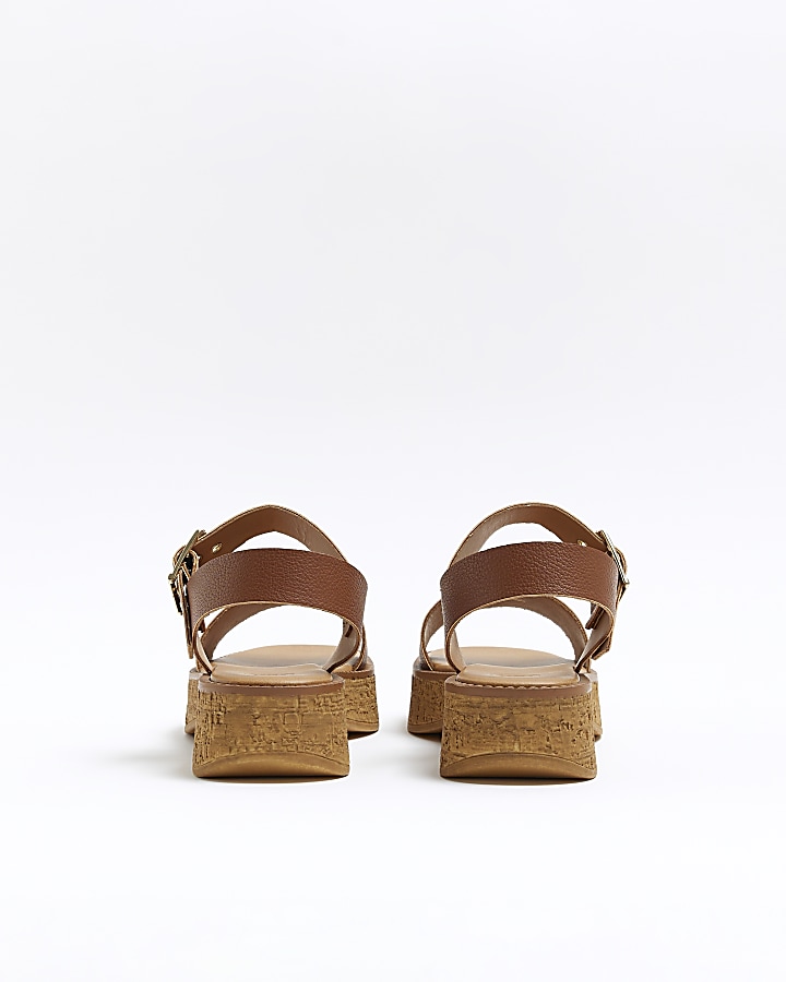 Brown cork flatform sandals River Island