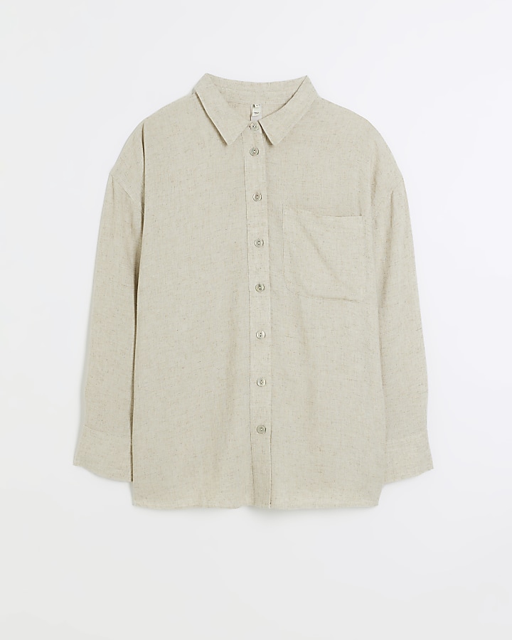 Plus stone oversized shirt with linen | River Island