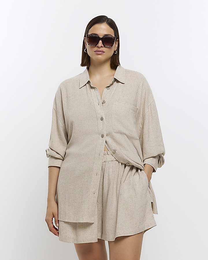 Plus stone oversized shirt with linen | River Island