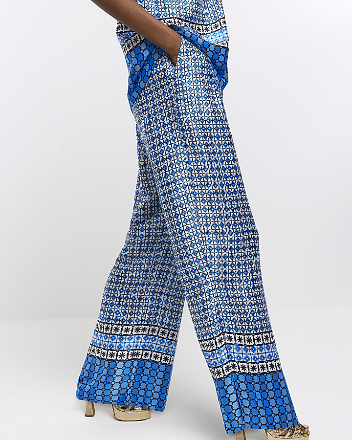 Blue geometric print wide leg trousers