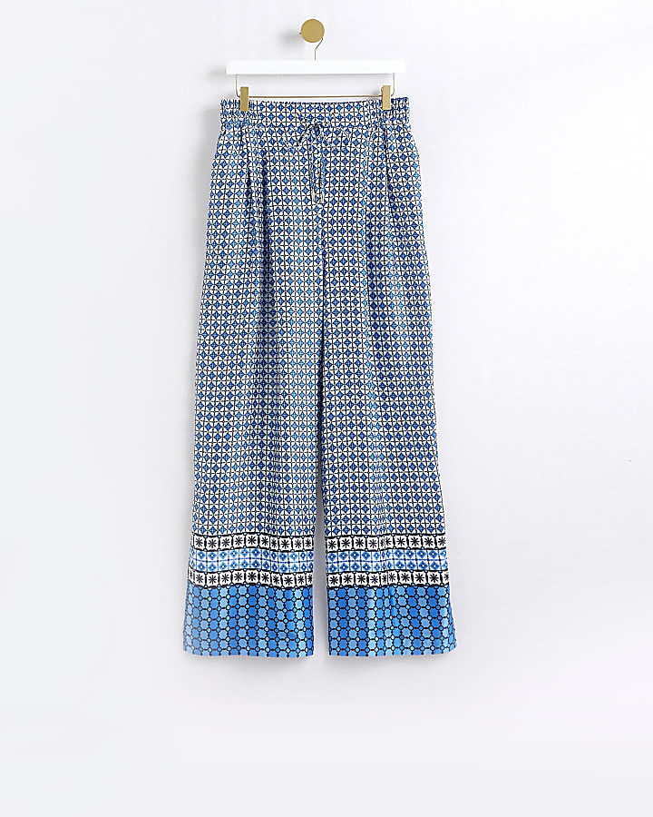 Blue geometric print wide leg trousers