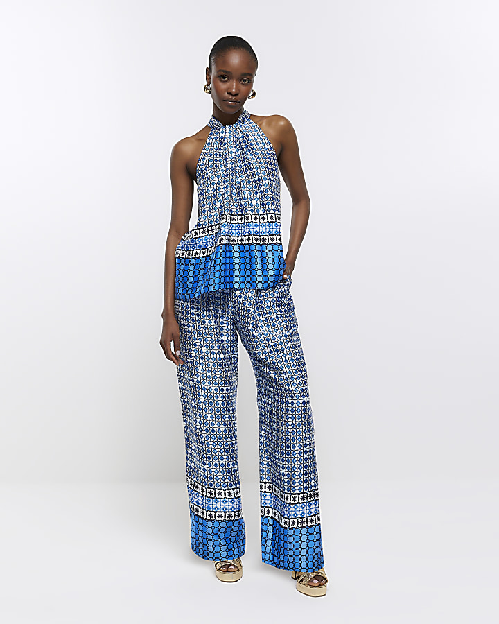 Blue geometric print wide leg trousers