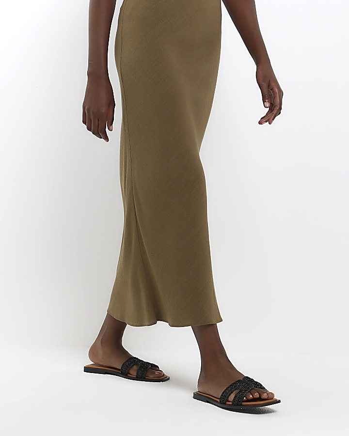 Khaki maxi skirt with linen