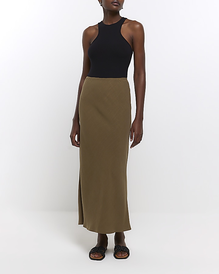Khaki maxi skirt with linen