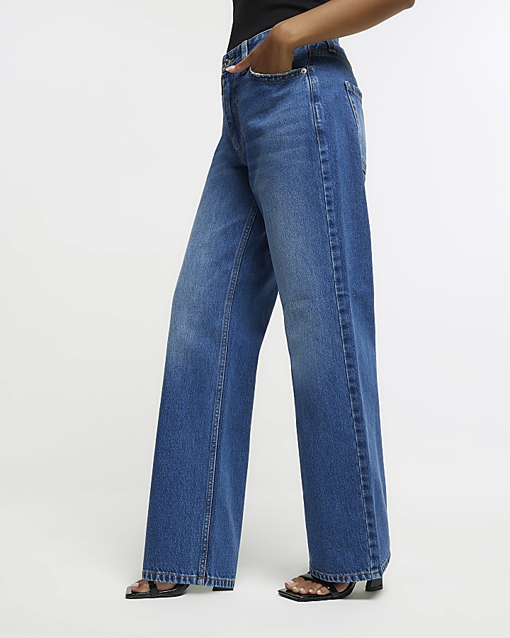 Petite blue mid rise straight jeans | River Island