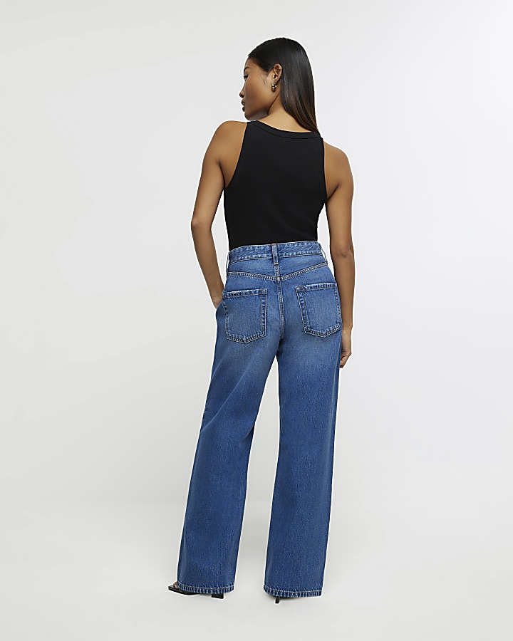 Petite blue mid rise straight jeans | River Island