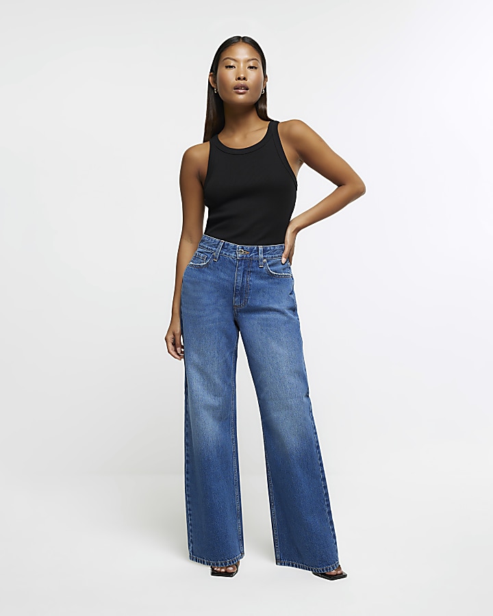 Petite blue mid rise straight jeans | River Island