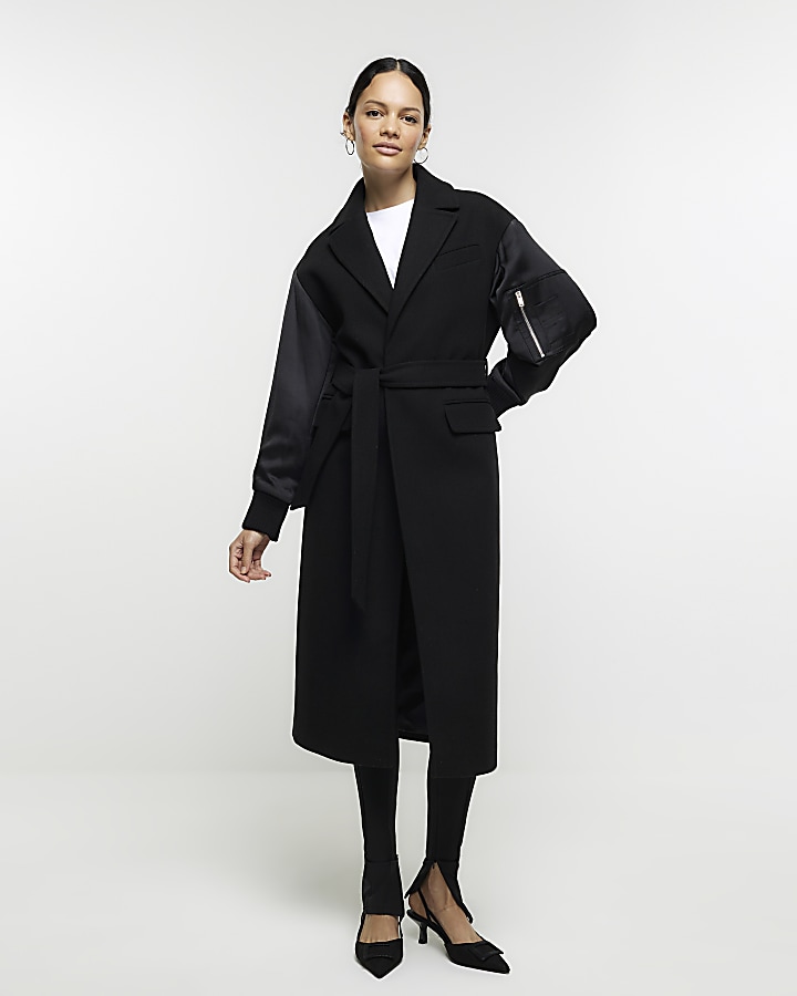 Black belted bomber sleeve coat