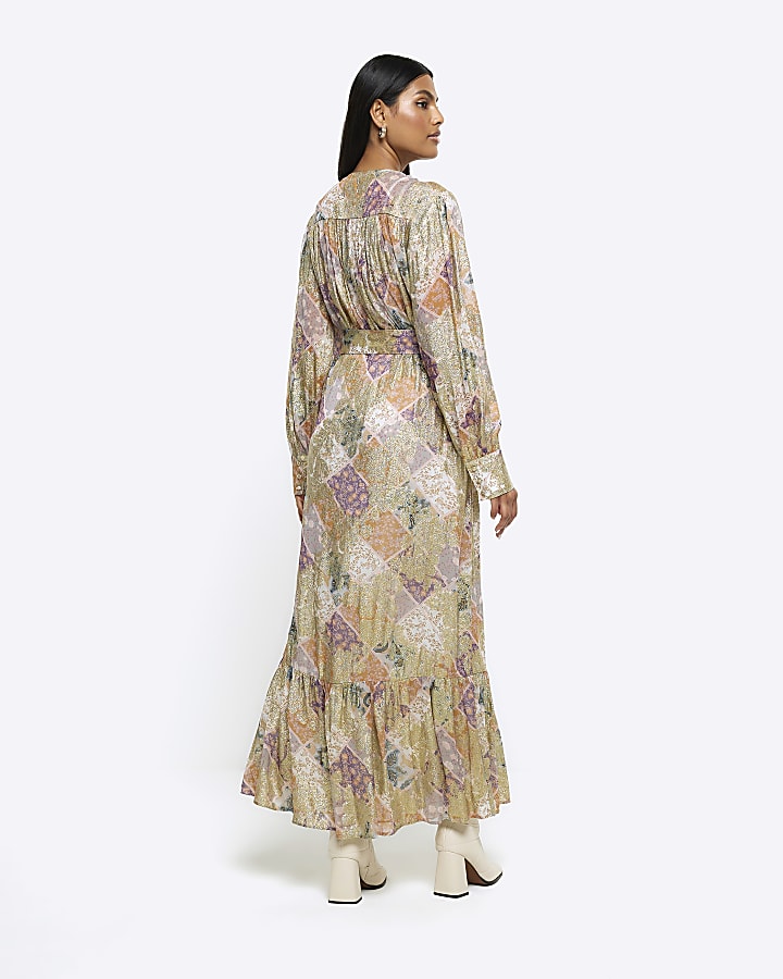 Gold floral patchwork belted swing midi dress