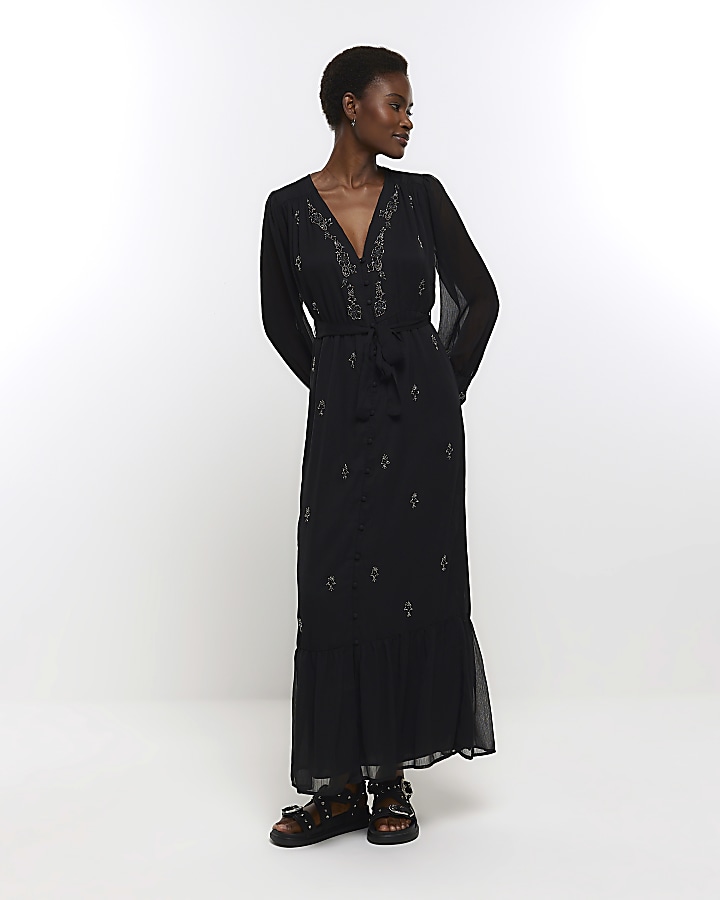 Black embellished maxi dress River Island
