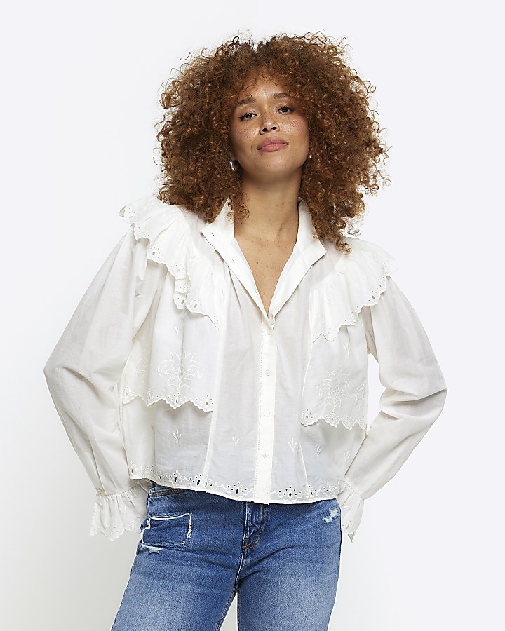 Cream embroidered frill blouse