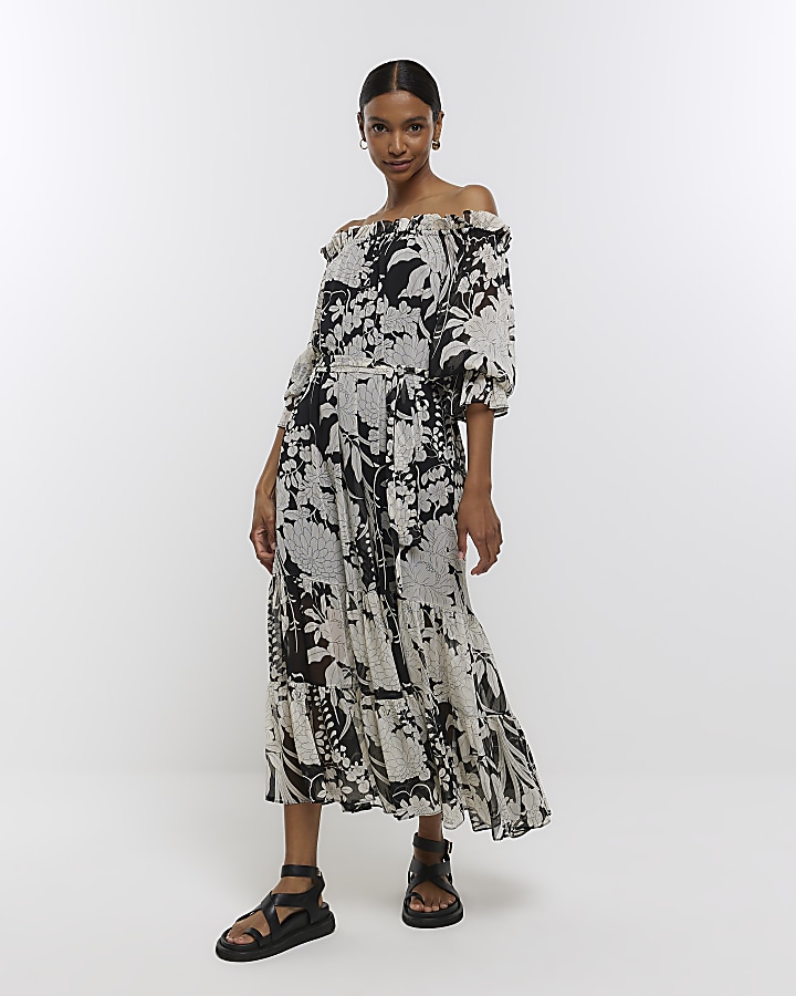 Black chiffon floral bardot maxi dress