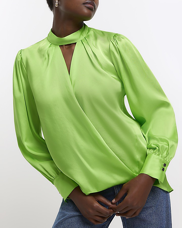 Green high neck wrap blouse