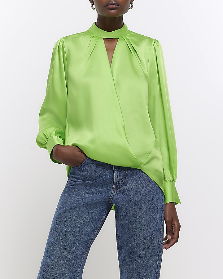 Green high neck wrap blouse