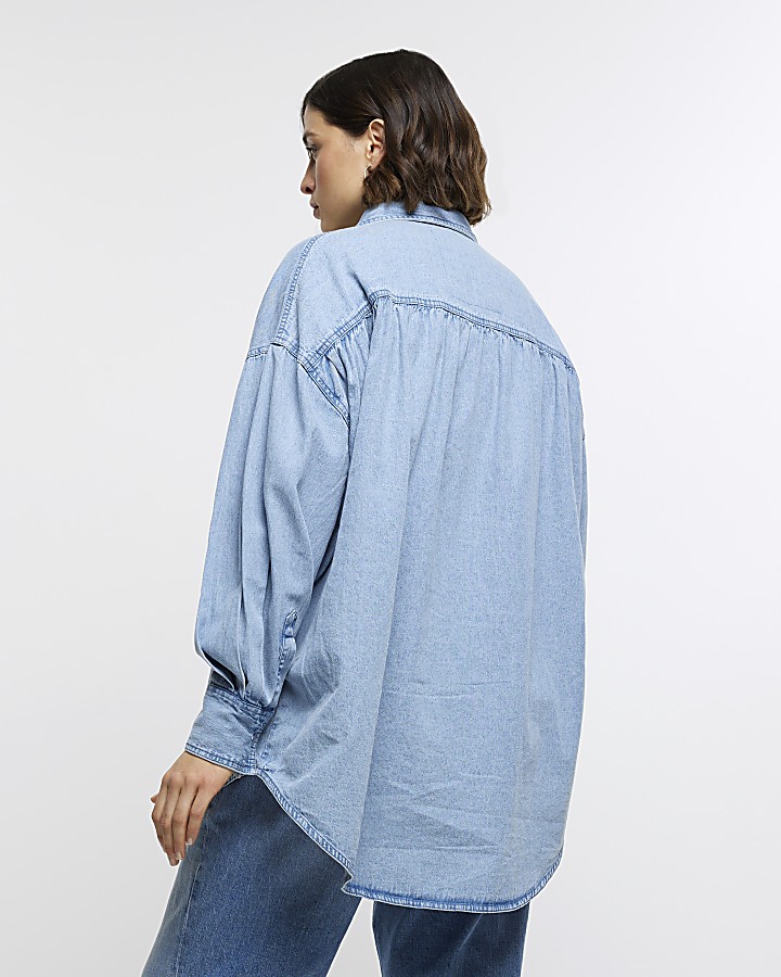 Plus blue embellished long sleeve shirt | River Island
