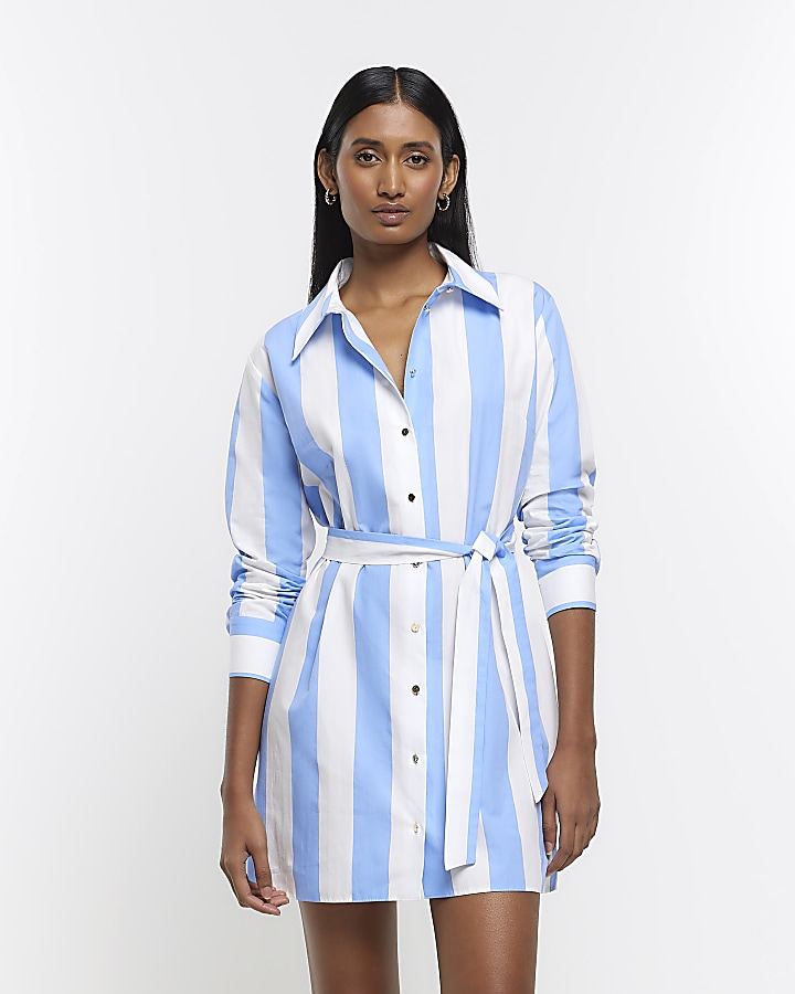 Blue pinstripe tie 2025 waist shirt dress