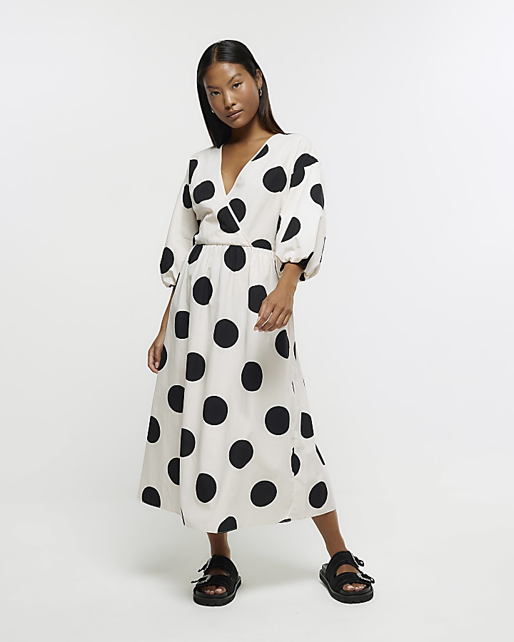 Petite white puff sleeve smock midi dress | River Island