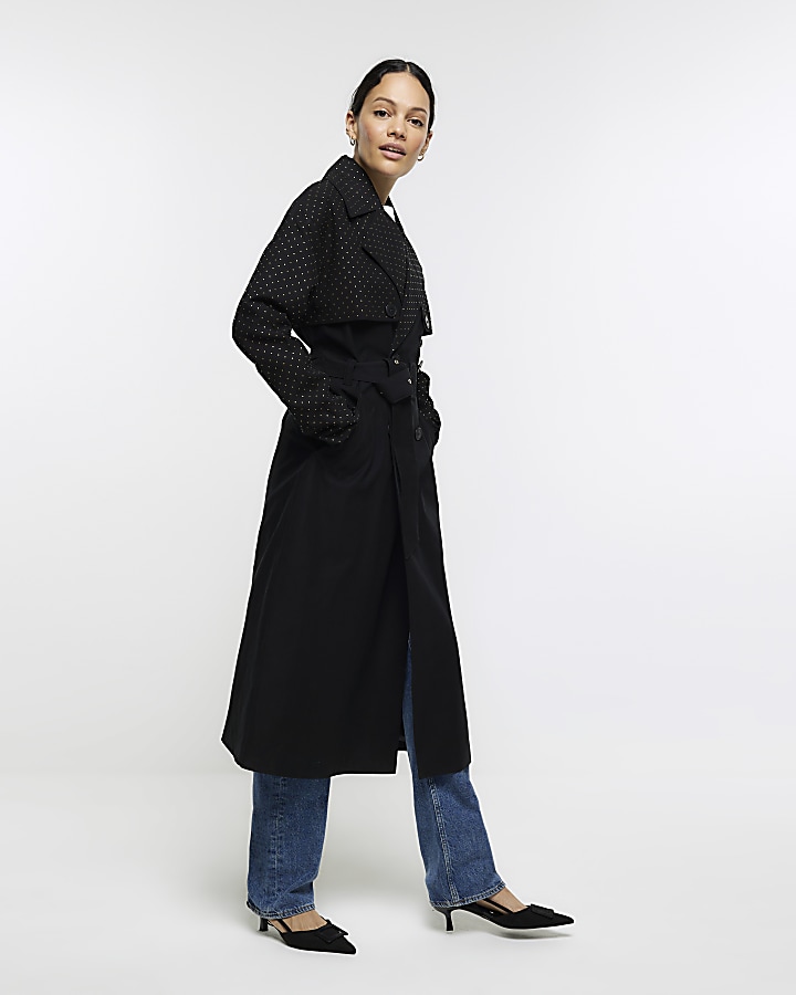 Black studded longline trench coat