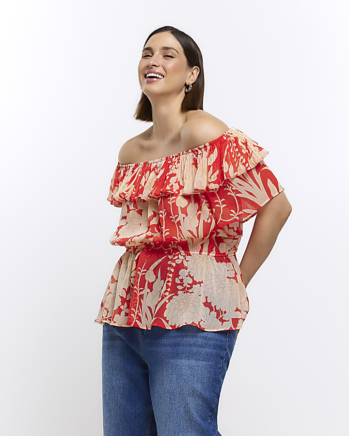 Plus red floral bardot blouse