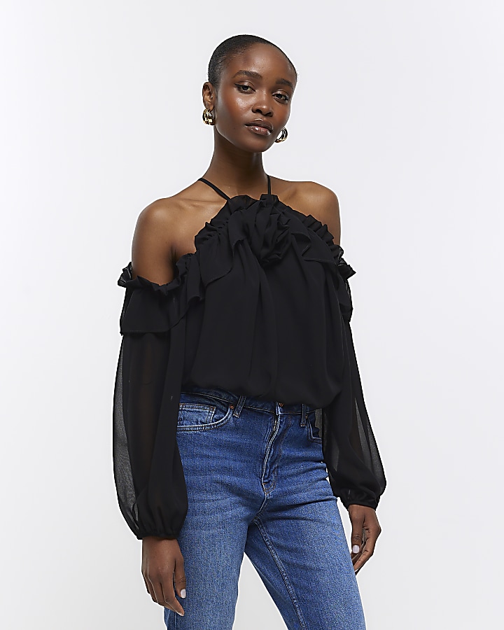 Black cold shoulder corsage blouse