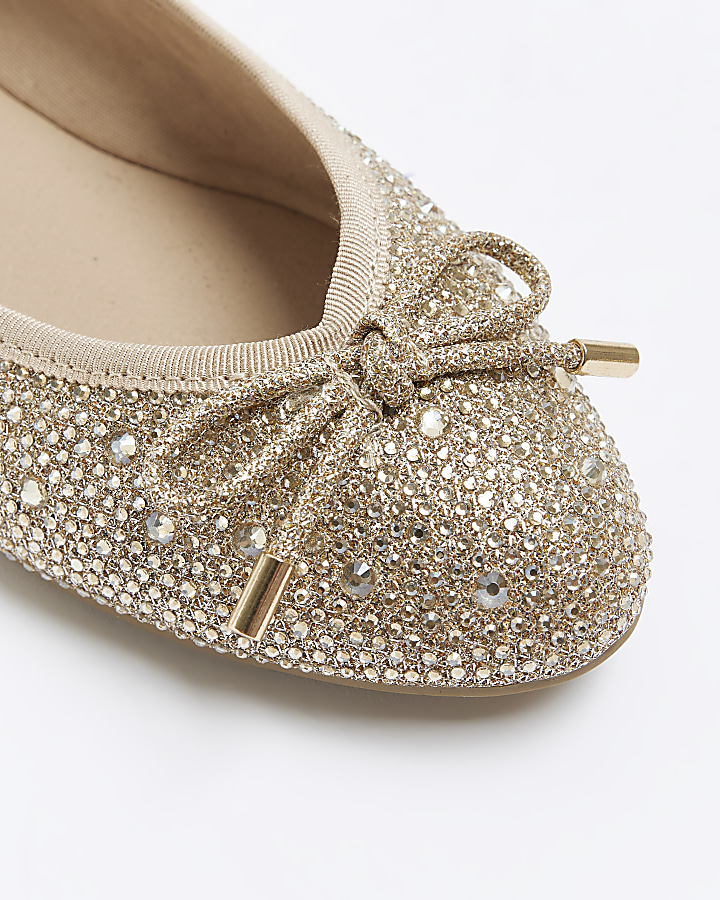 Gold embellished ballet shoes River Island