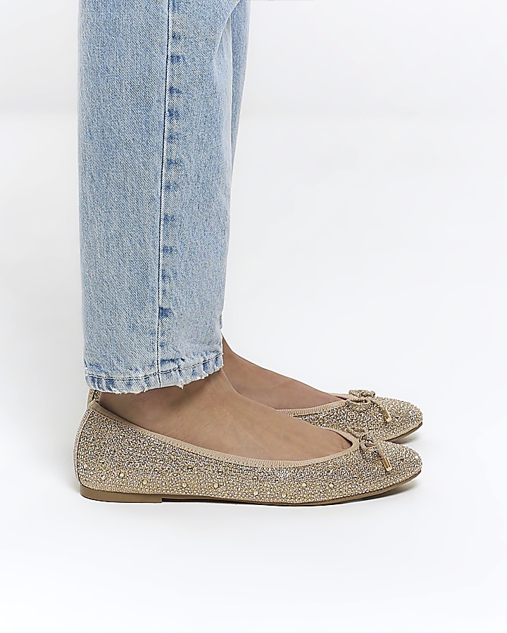 Gold embellished ballet shoes River Island