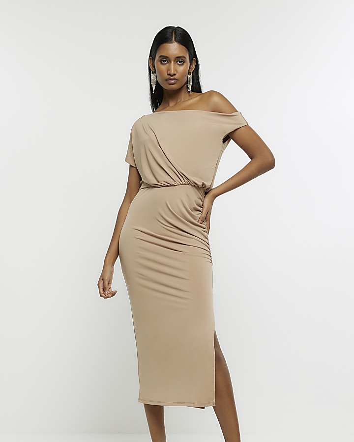 Beige bardot hot sale dress