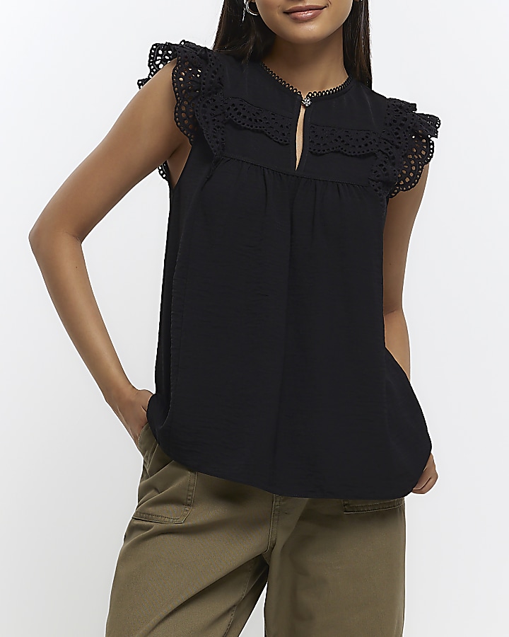 Black ruffle store sleeveless top