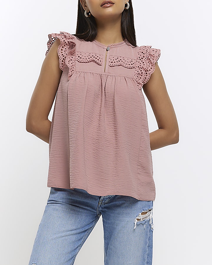 Pink ruffle sleeveless blouse