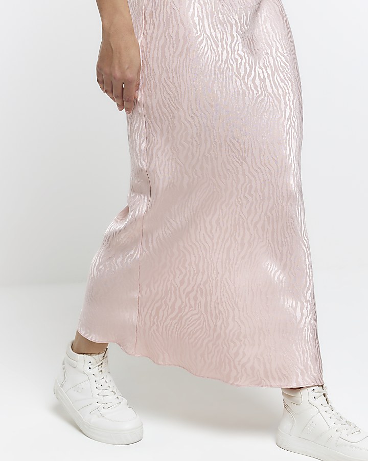 Pink satin animal print maxi skirt