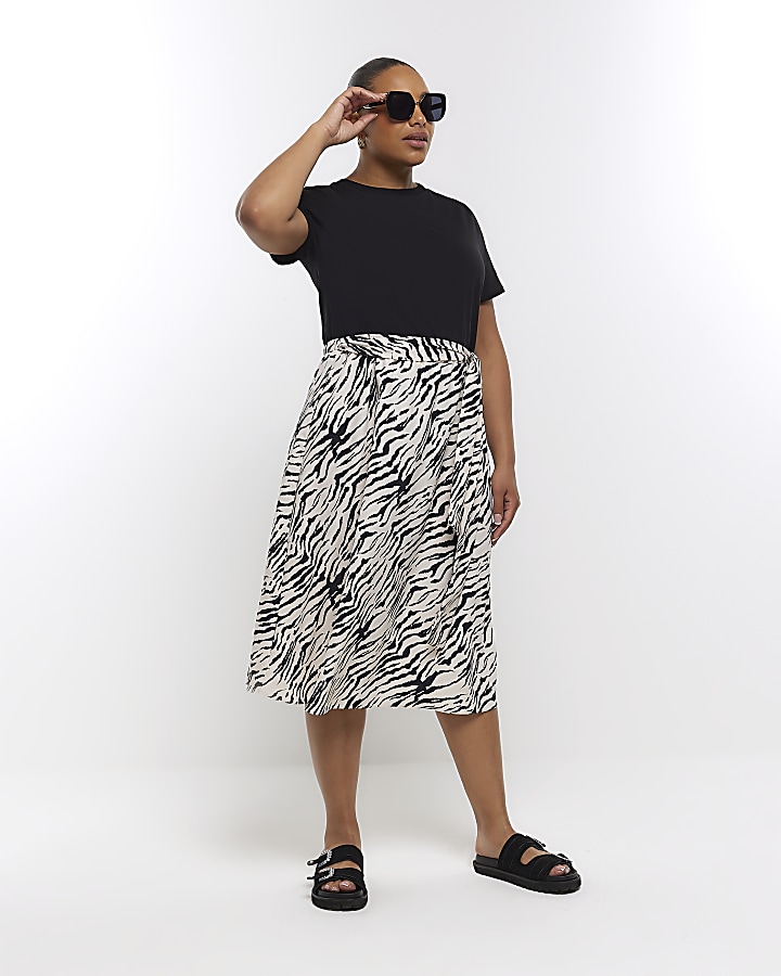 Plus black animal print t-shirt midi dress | River Island