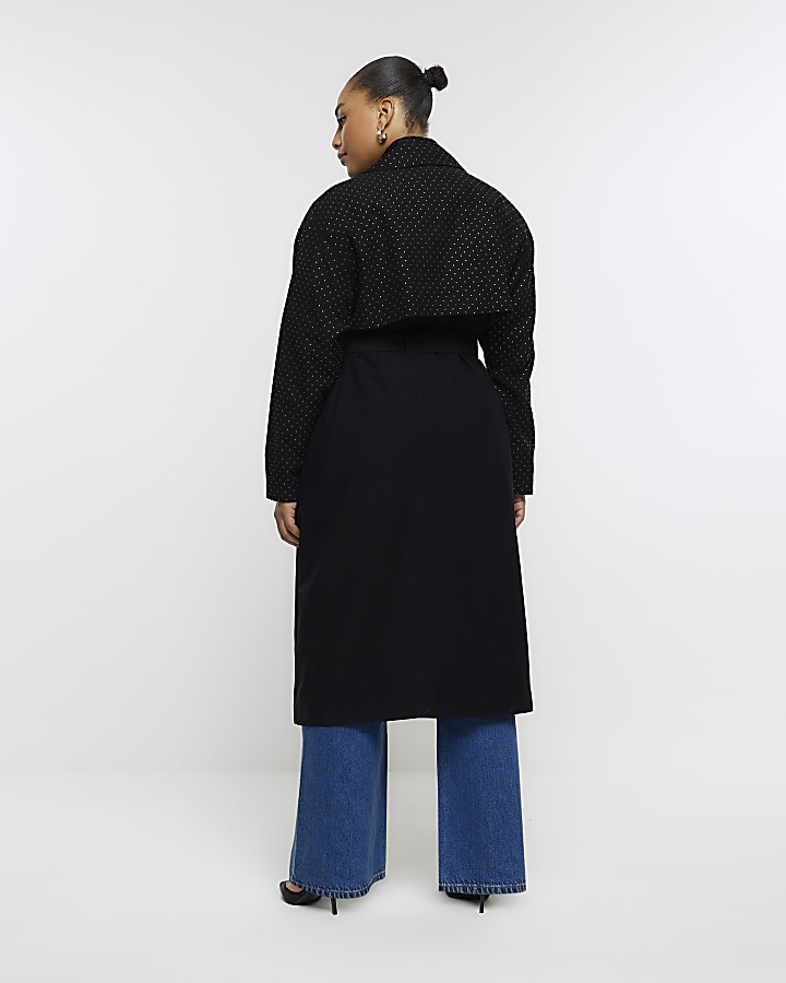 Plus black studded longline trench coat | River Island