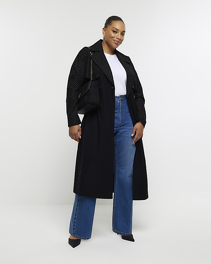 Plus black studded longline trench coat | River Island