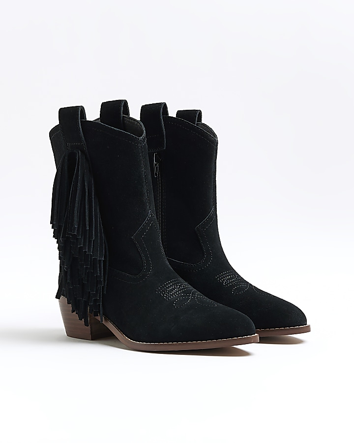 Black suede fringe detail western boots
