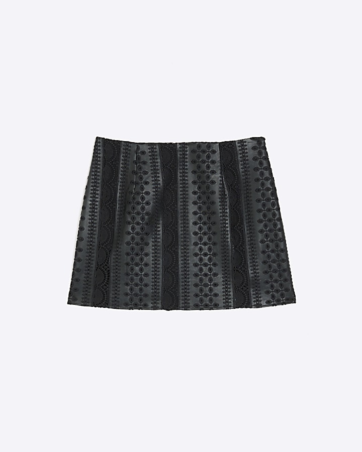 Black embroidered cut out detail mini skirt