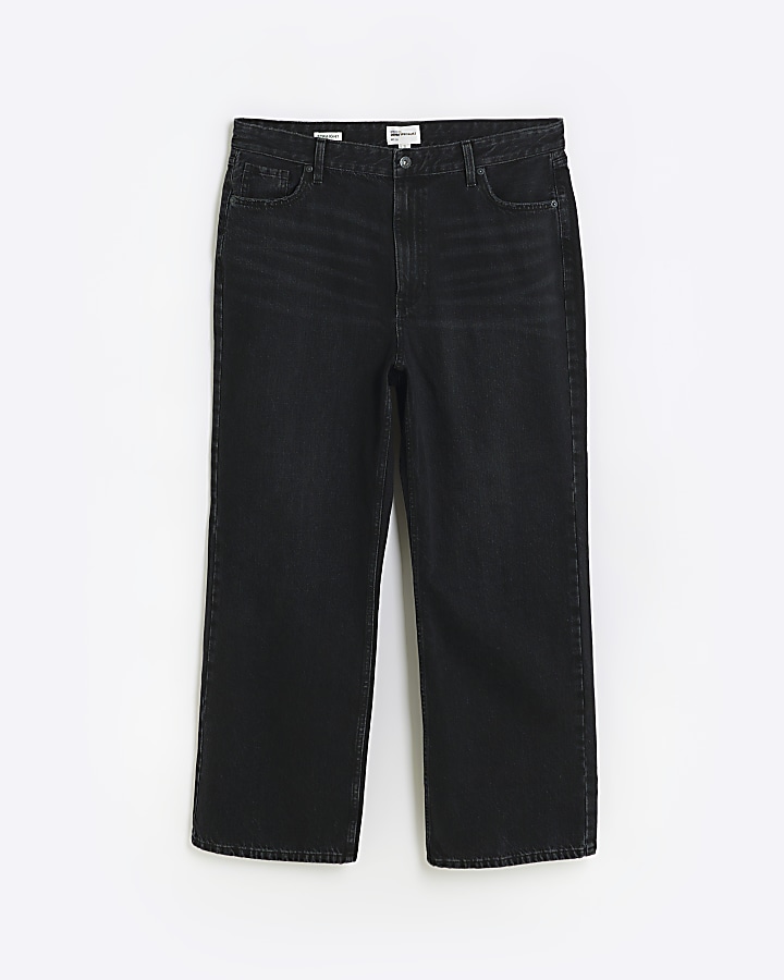 Plus black mid rise relaxed straight jeans | River Island