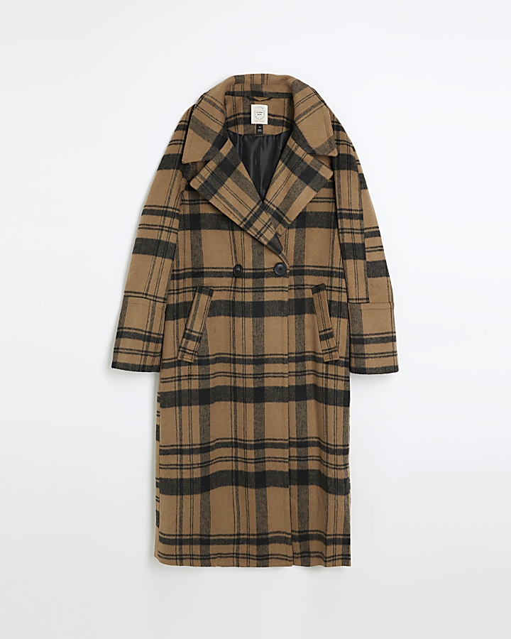 Brown wool blend check longline coat