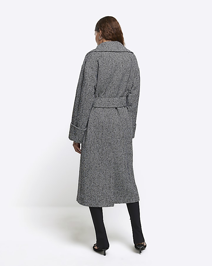 Black herringbone longline coat River Island