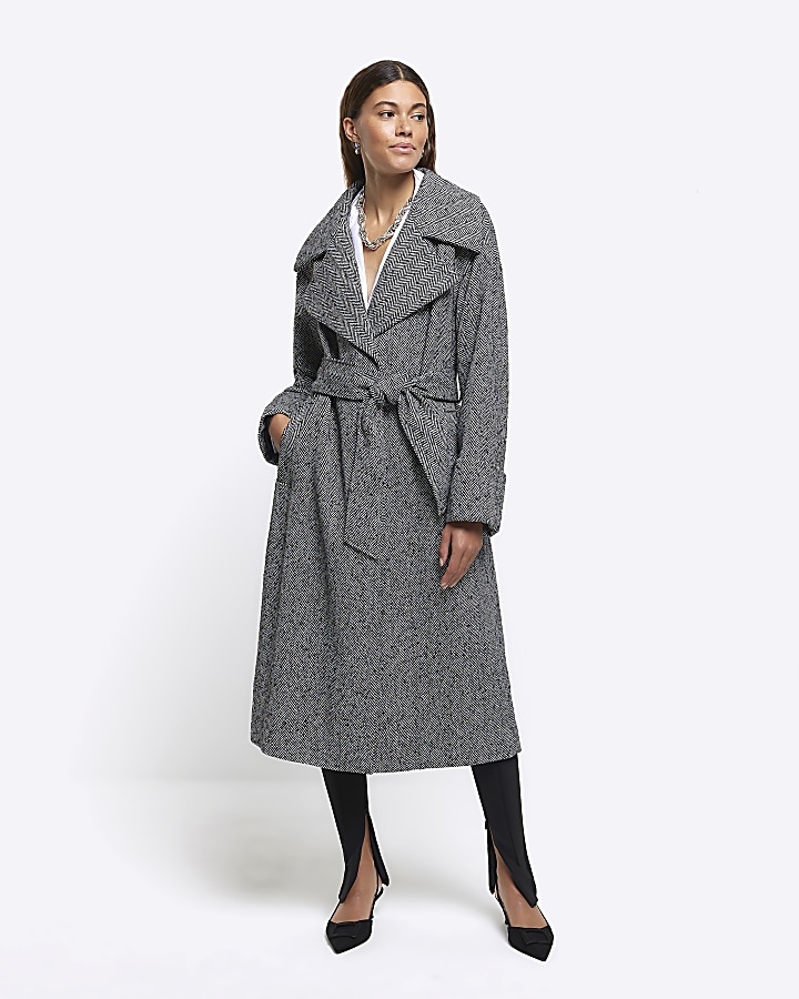 Black herringbone longline coat